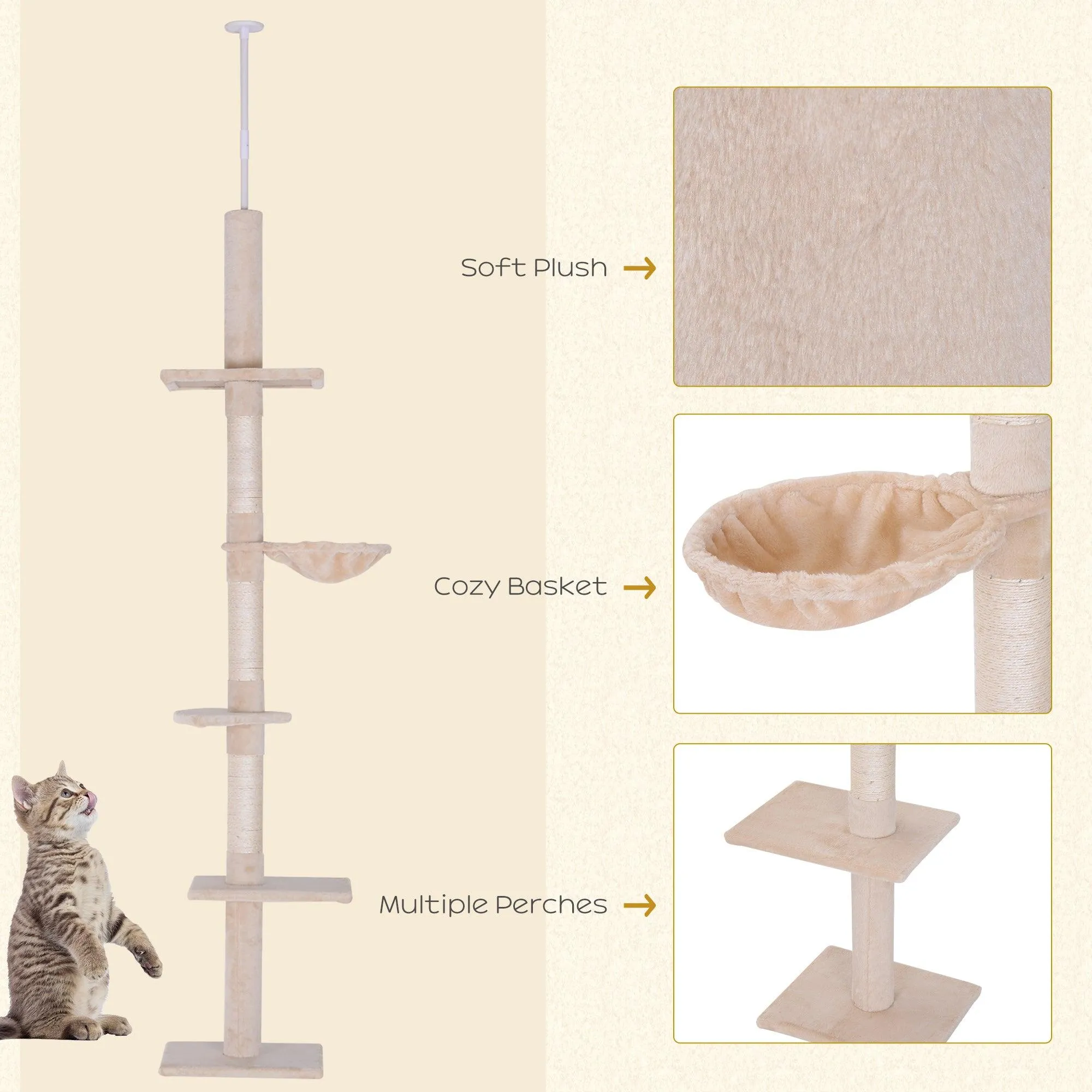 Adjustable Floor to Ceiling Cat Tree, 230-260cm, Beige