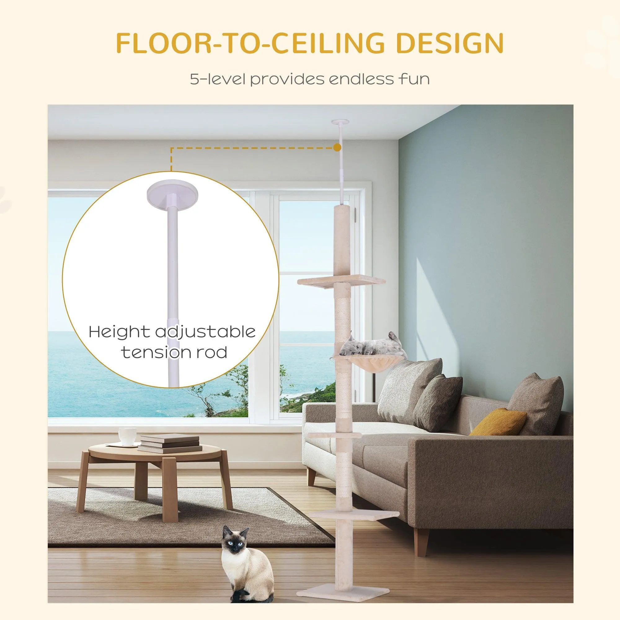 Adjustable Floor to Ceiling Cat Tree, 230-260cm, Beige