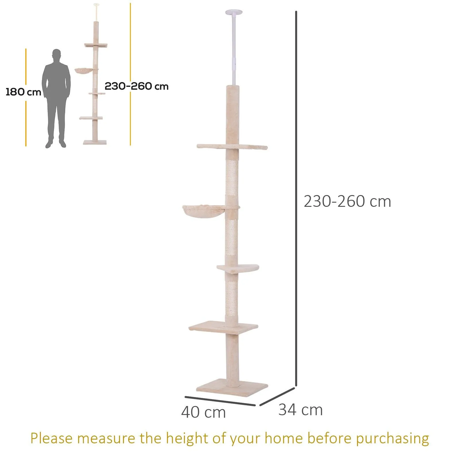 Adjustable Floor to Ceiling Cat Tree, 230-260cm, Beige