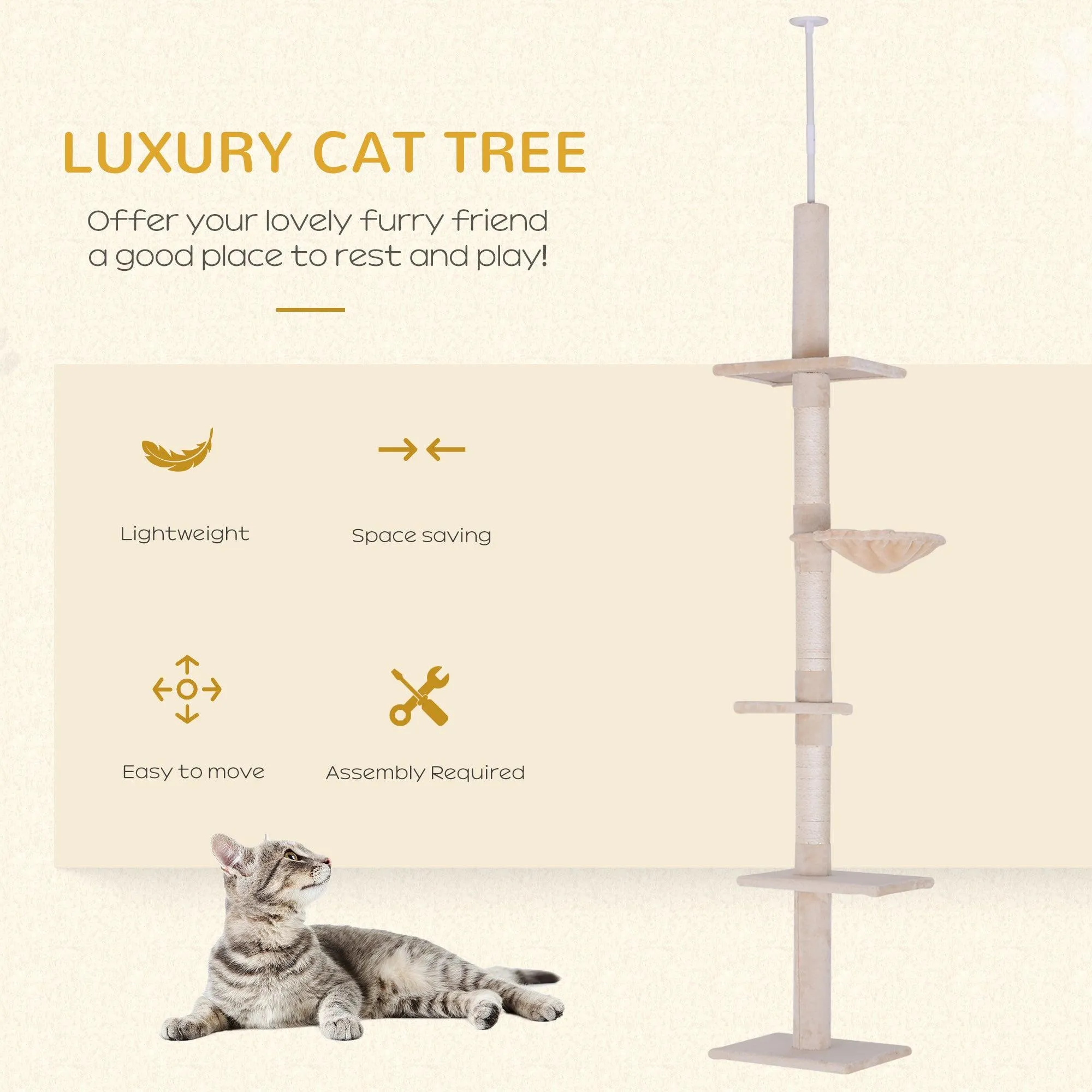 Adjustable Floor to Ceiling Cat Tree, 230-260cm, Beige