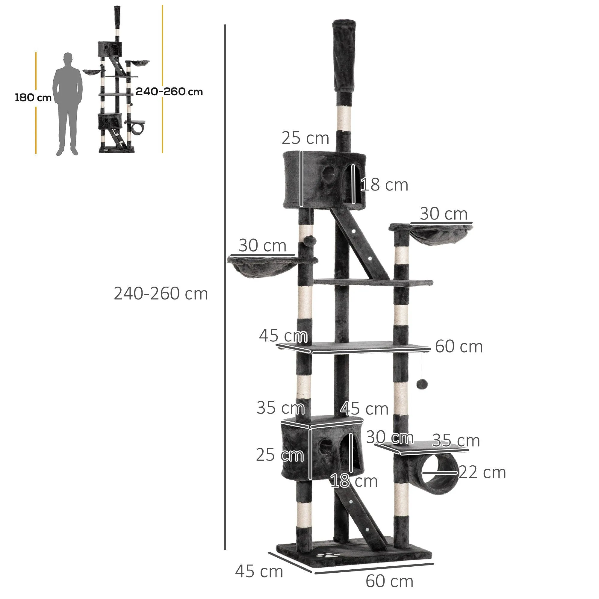 Adjustable Height Cat Tree, 240-260cm - Dark Grey