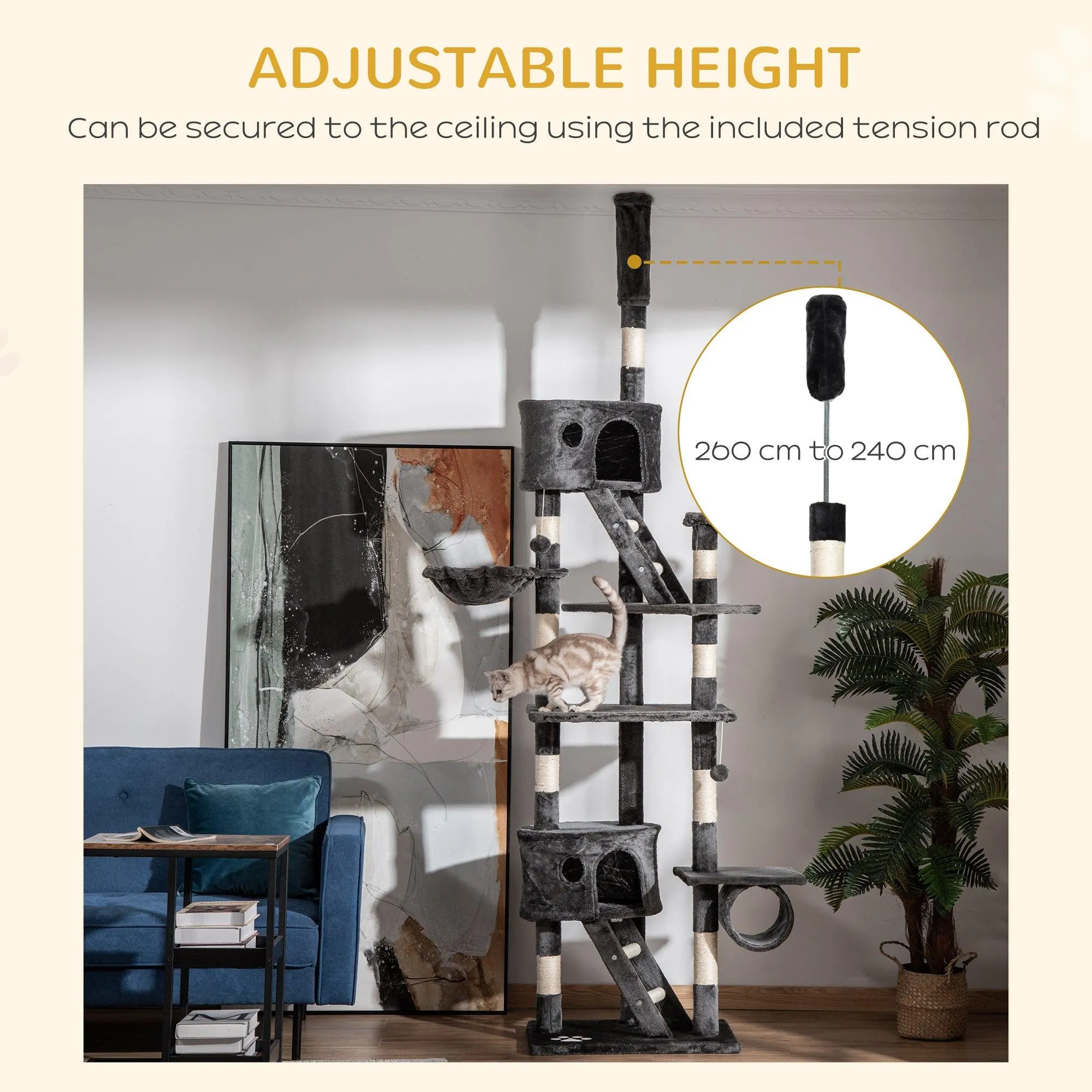 Adjustable Height Cat Tree, 240-260cm - Dark Grey