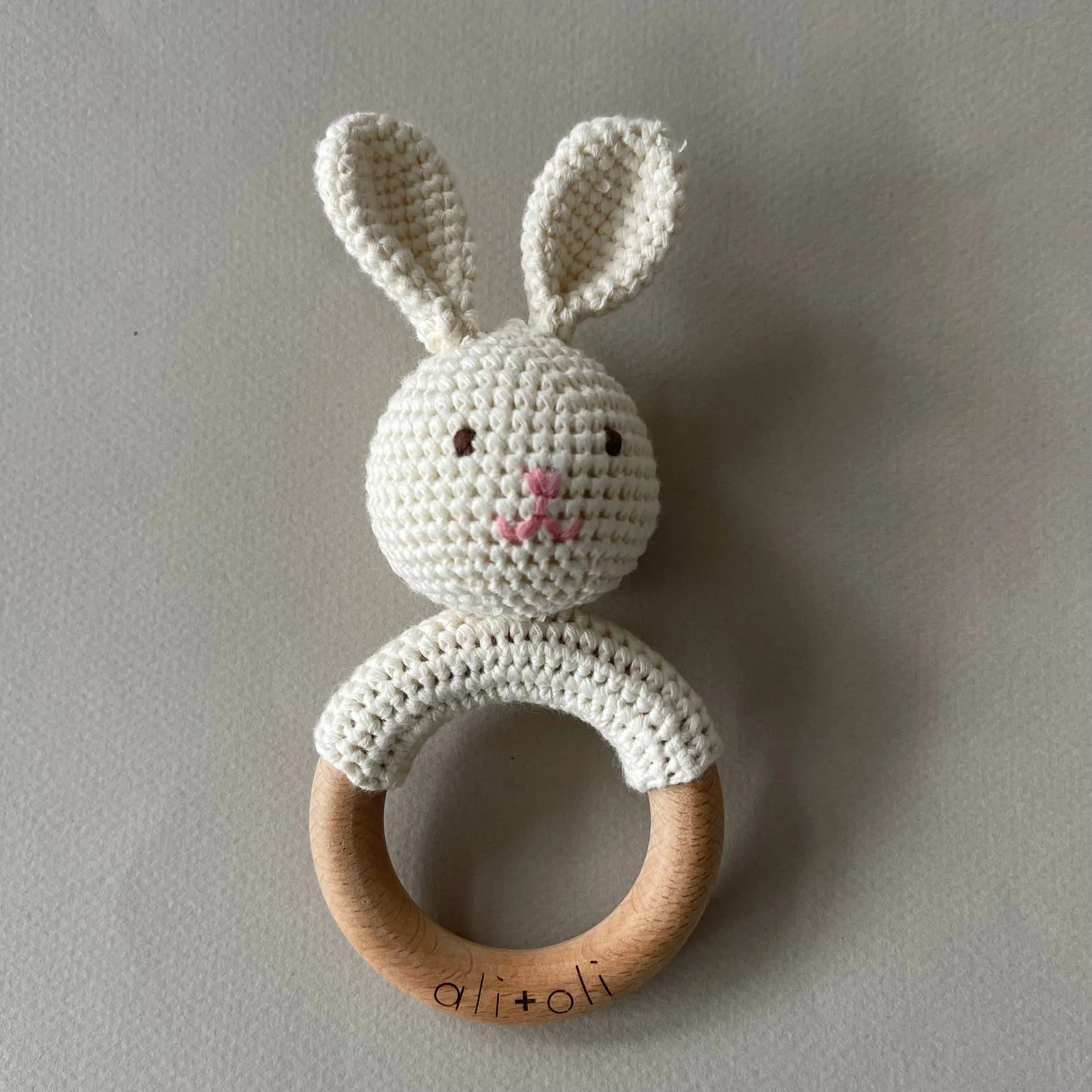 Baby Teething Toy Rattle Wood Ring Crochet (Bunny)