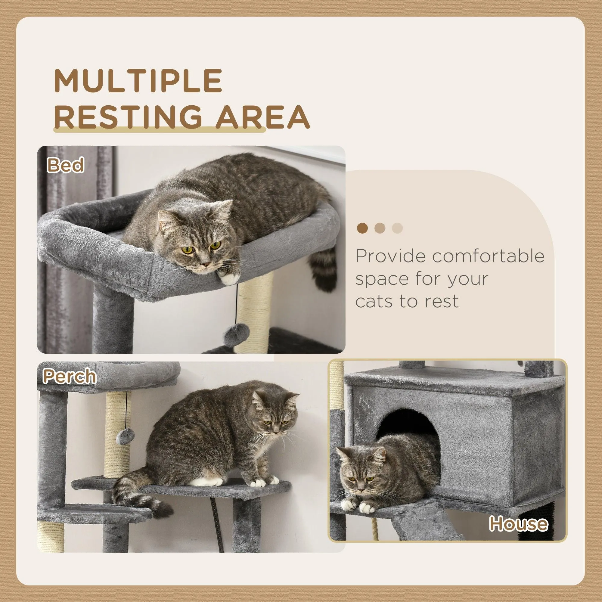 Cat Tower with Scratching Post, Cat House, 148cm - Grey