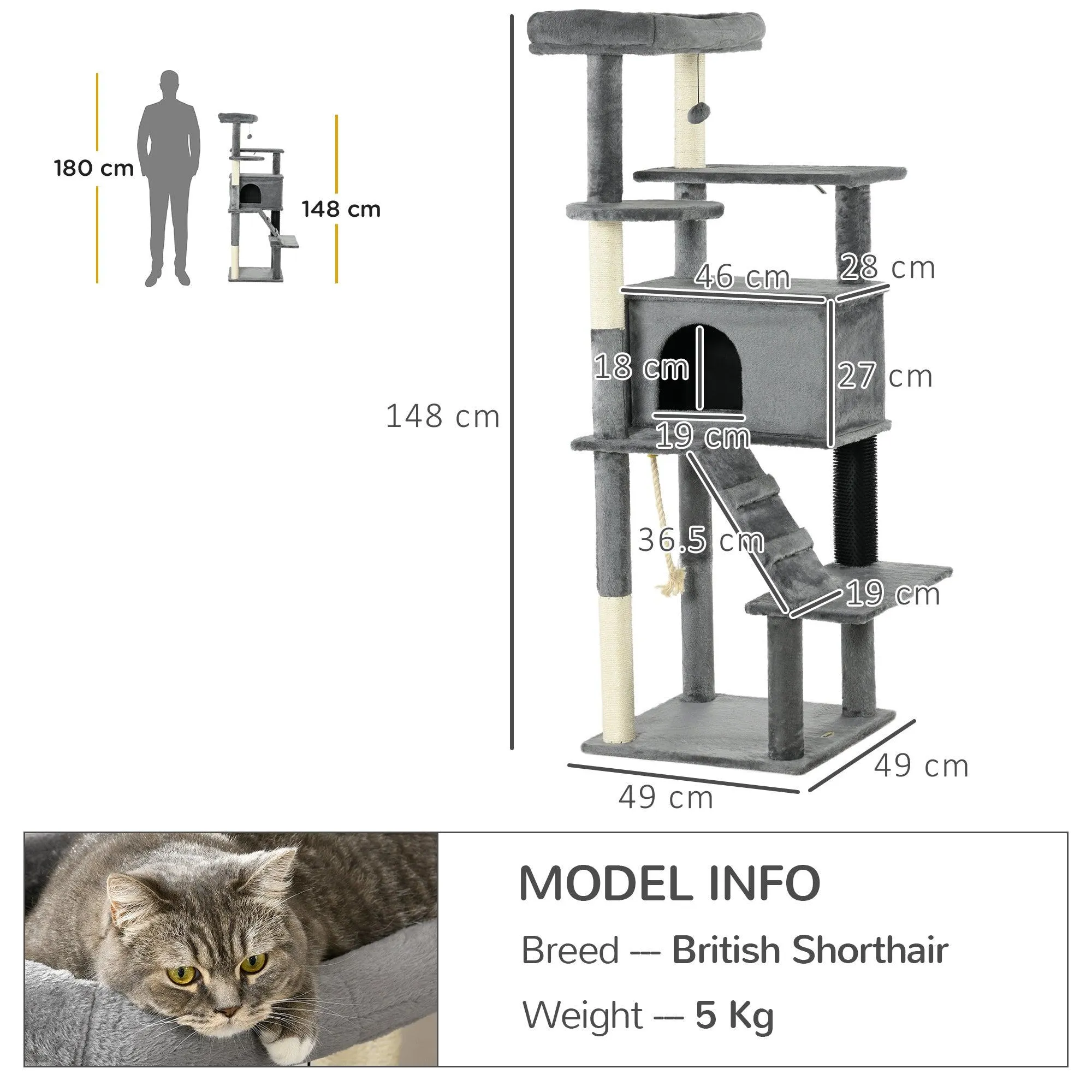 Cat Tower with Scratching Post, Cat House, 148cm - Grey