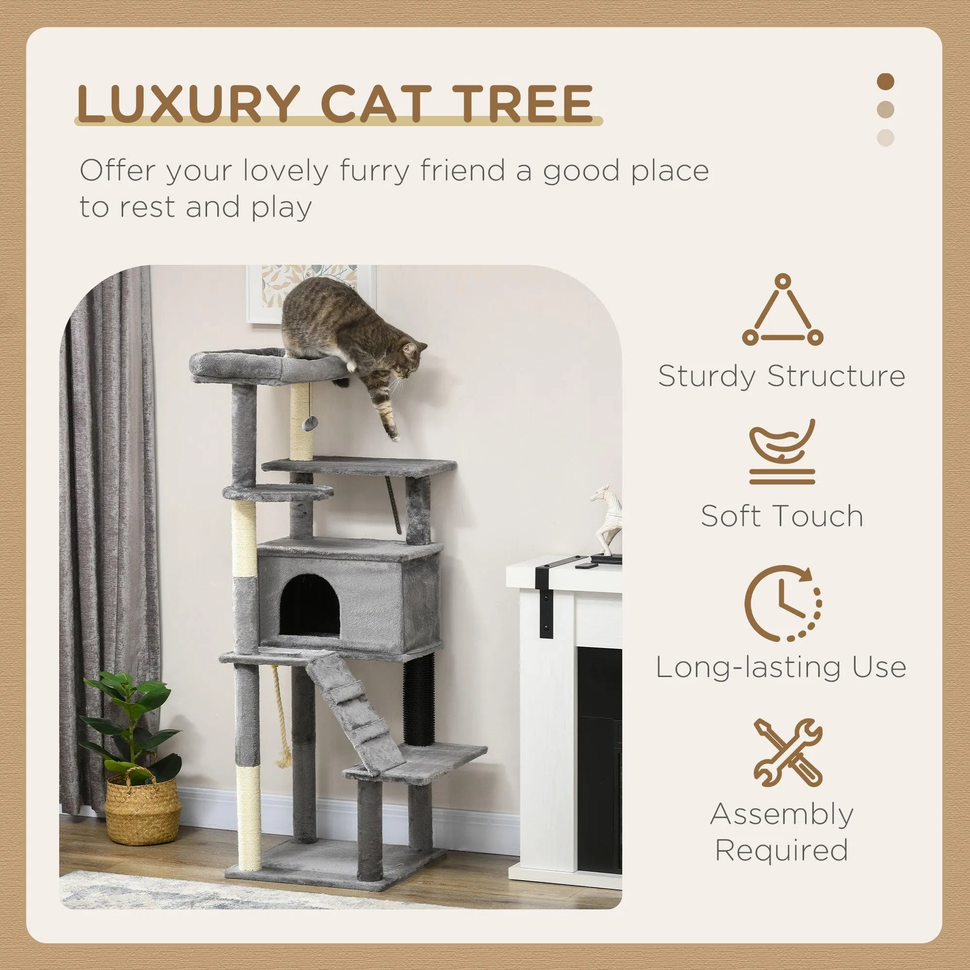 Cat Tower with Scratching Post, Cat House, 148cm - Grey