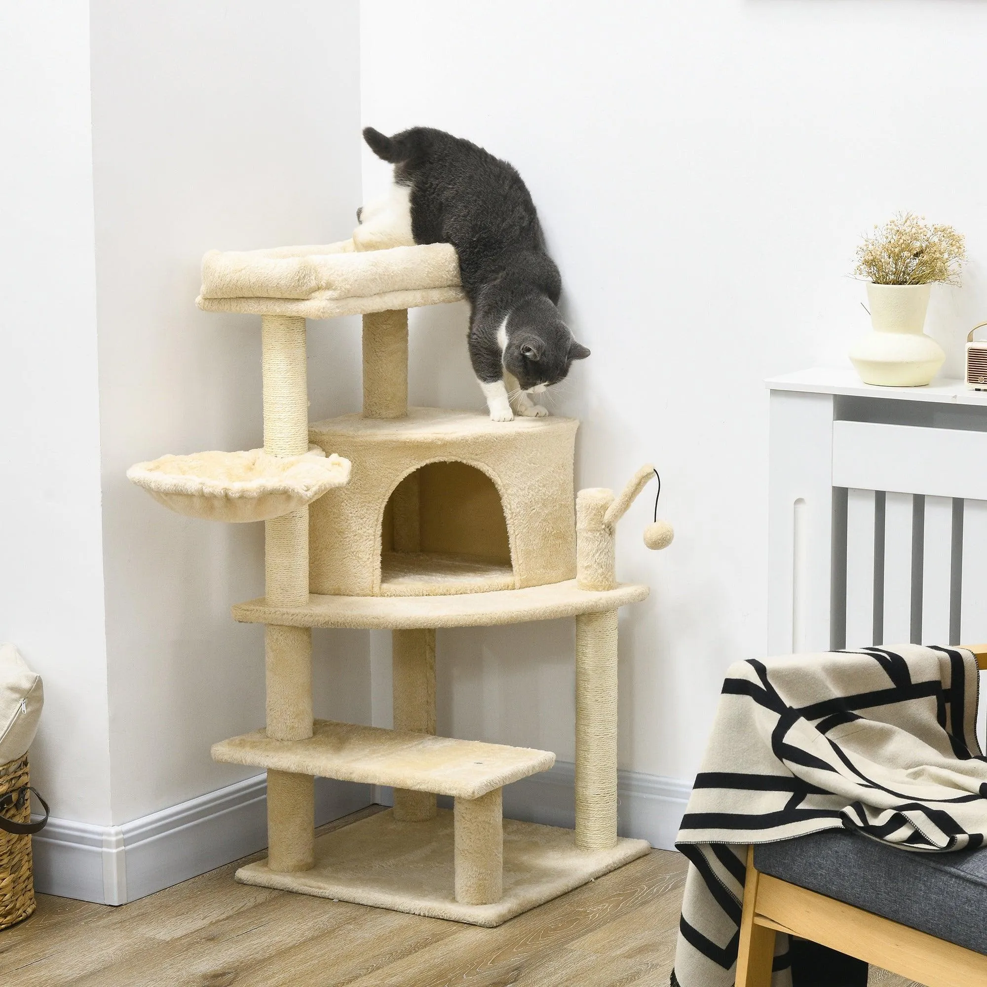 Cat Tree Tower with Sisal Scratching Post, 100cm - Cream White