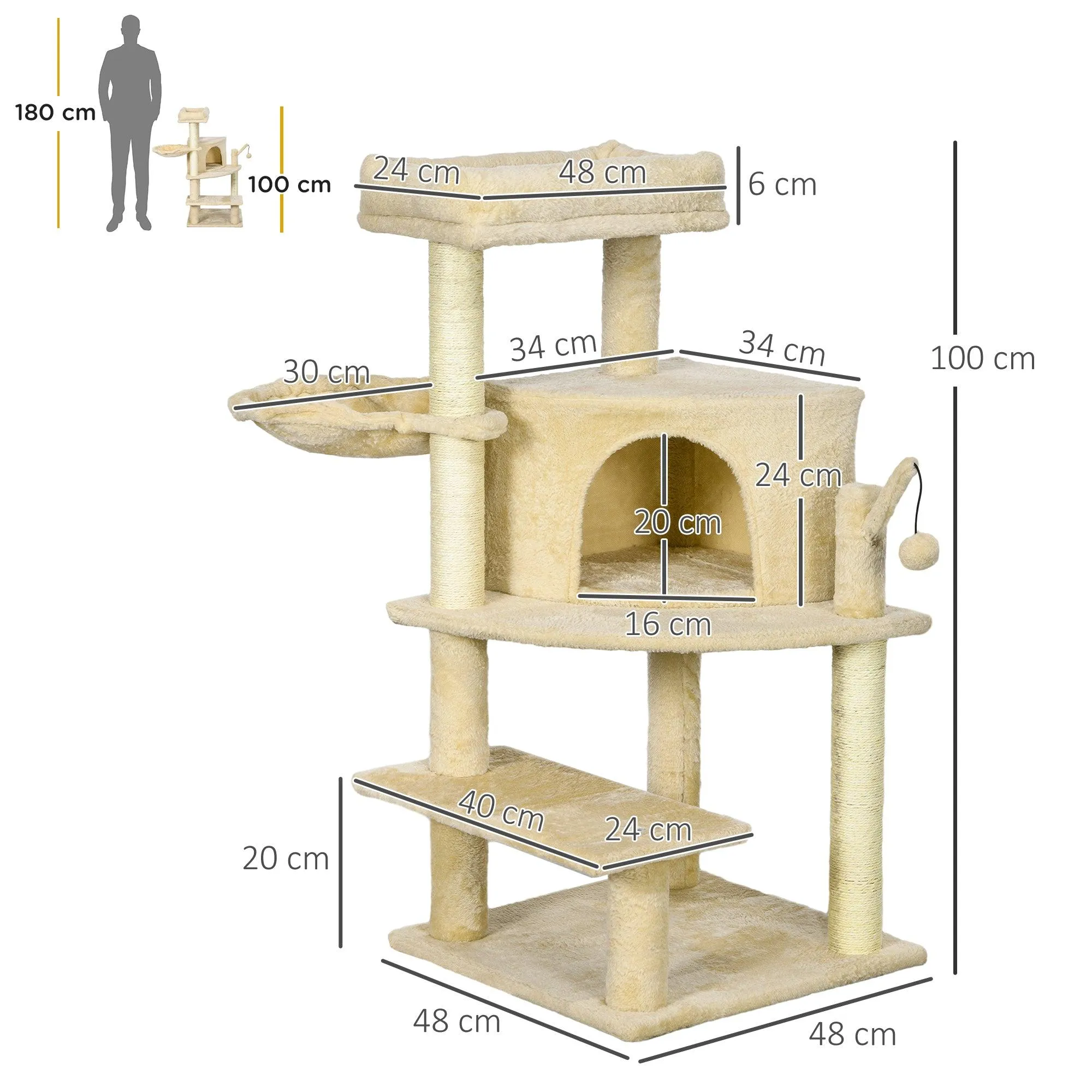 Cat Tree Tower with Sisal Scratching Post, 100cm - Cream White