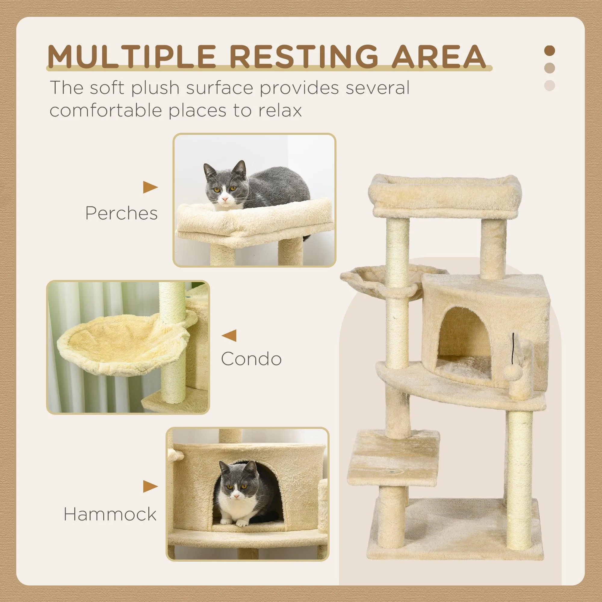 Cat Tree Tower with Sisal Scratching Post, 100cm - Cream White