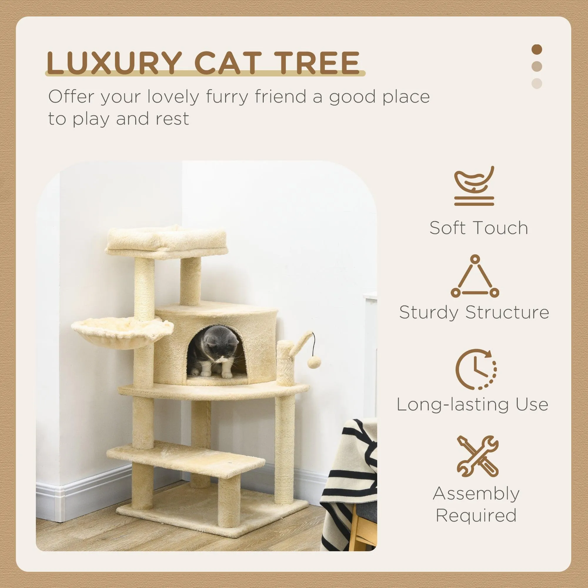 Cat Tree Tower with Sisal Scratching Post, 100cm - Cream White