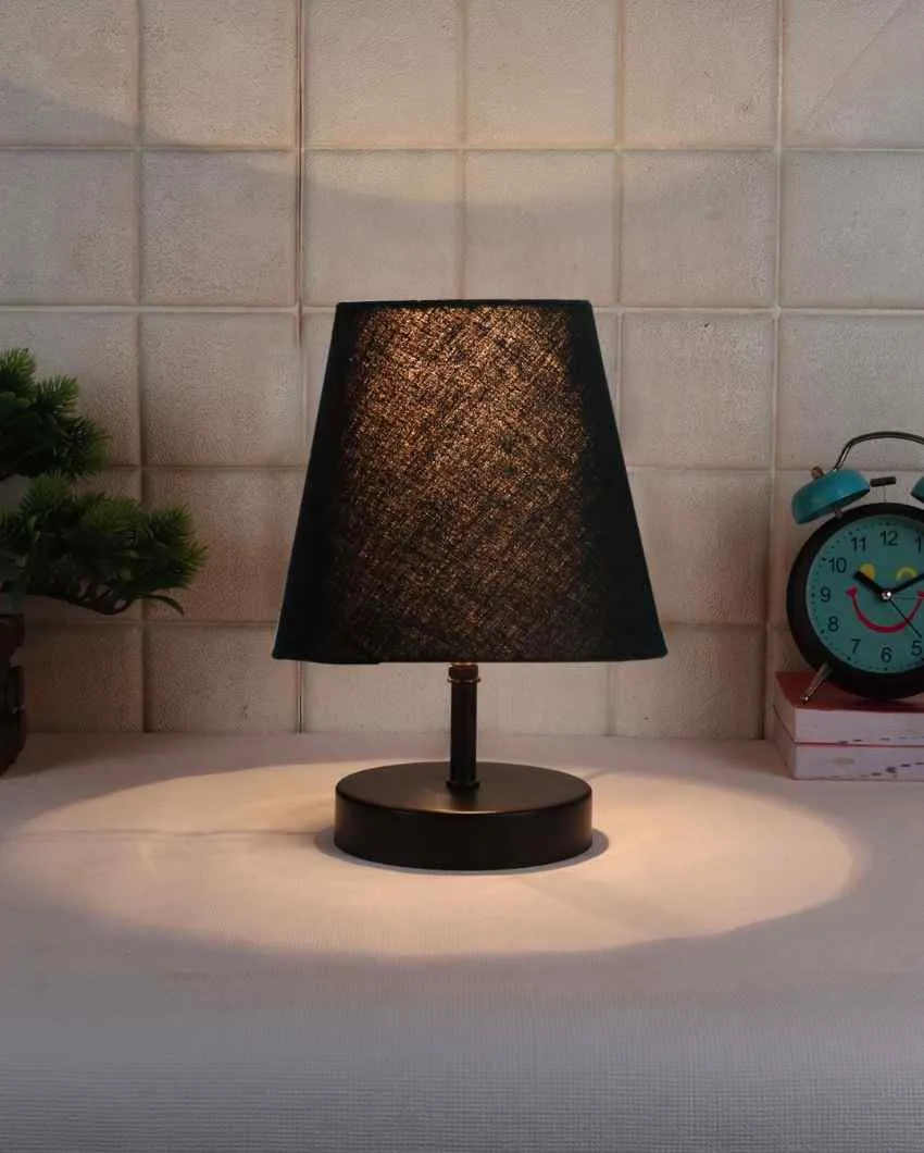 Cotton Round Wooden Black Base Table Lamp | 6 x 8 inches