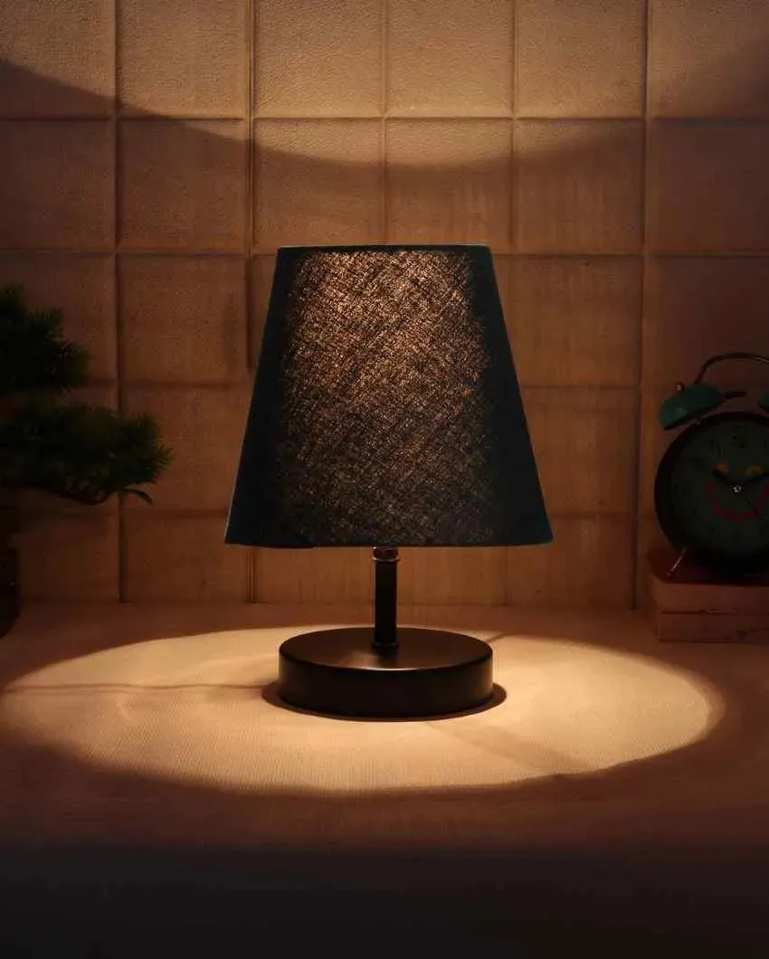 Cotton Round Wooden Black Base Table Lamp | 6 x 8 inches