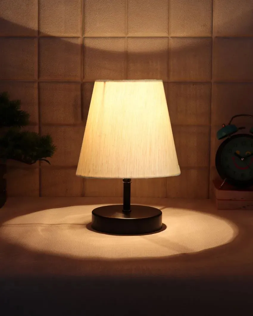 Cotton Round Wooden Black Base Table Lamp | 6 x 8 inches