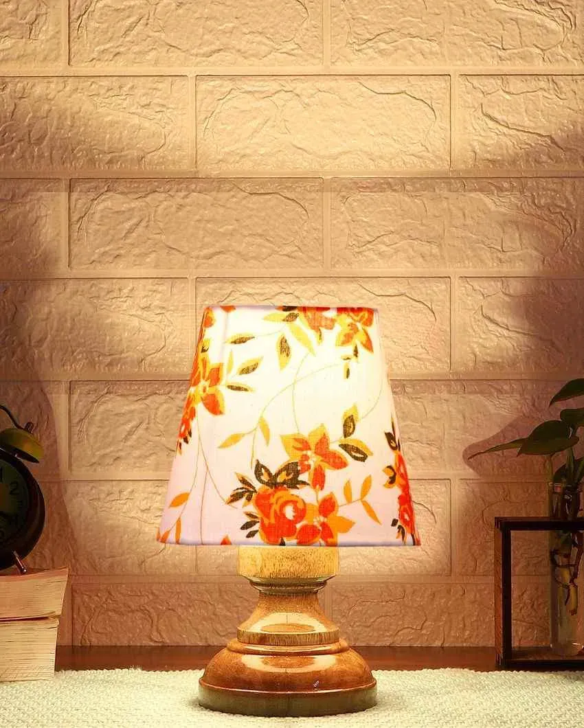 Elegant Floral Cotton Natural Wood Table Lamp | 6 x 8 inches