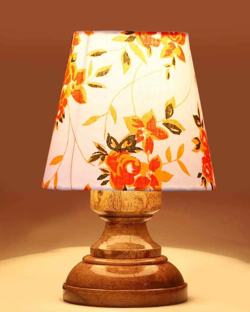 Elegant Floral Cotton Natural Wood Table Lamp | 6 x 8 inches