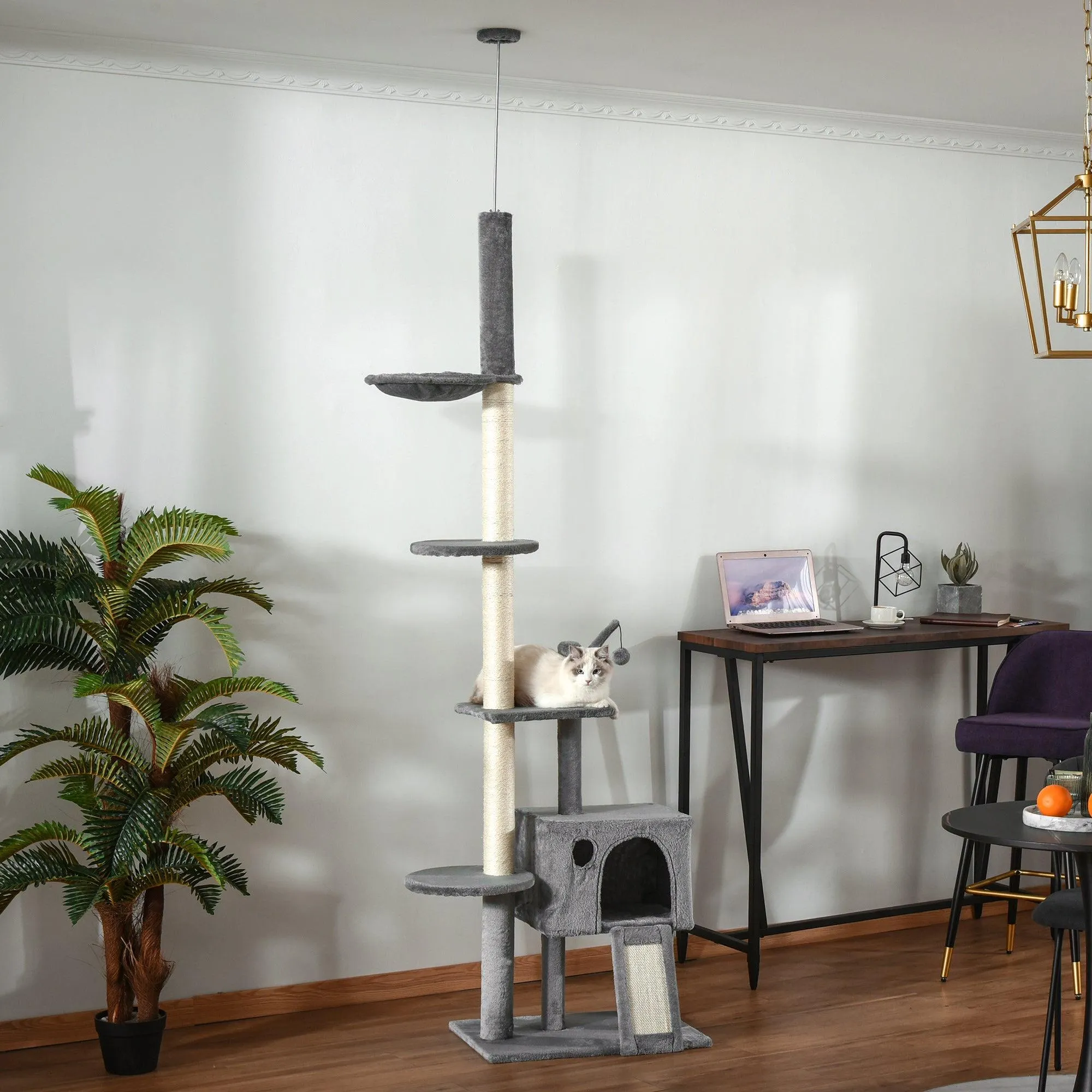 Floor-to-Ceiling Cat Climbing Toy Tower, 230-280cm - Light Grey