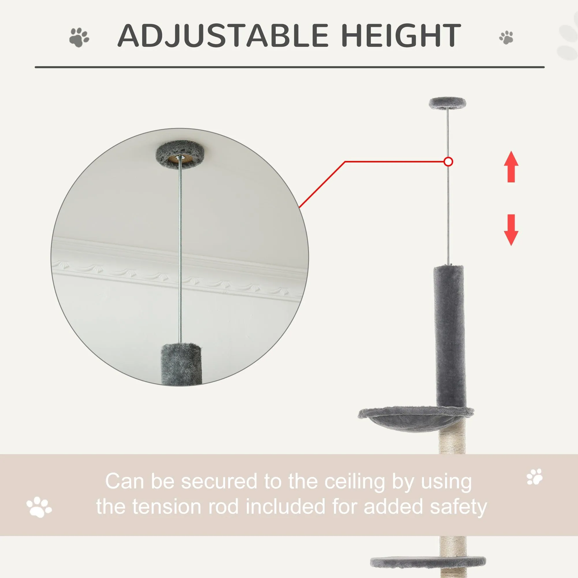 Floor-to-Ceiling Cat Climbing Toy Tower, 230-280cm - Light Grey