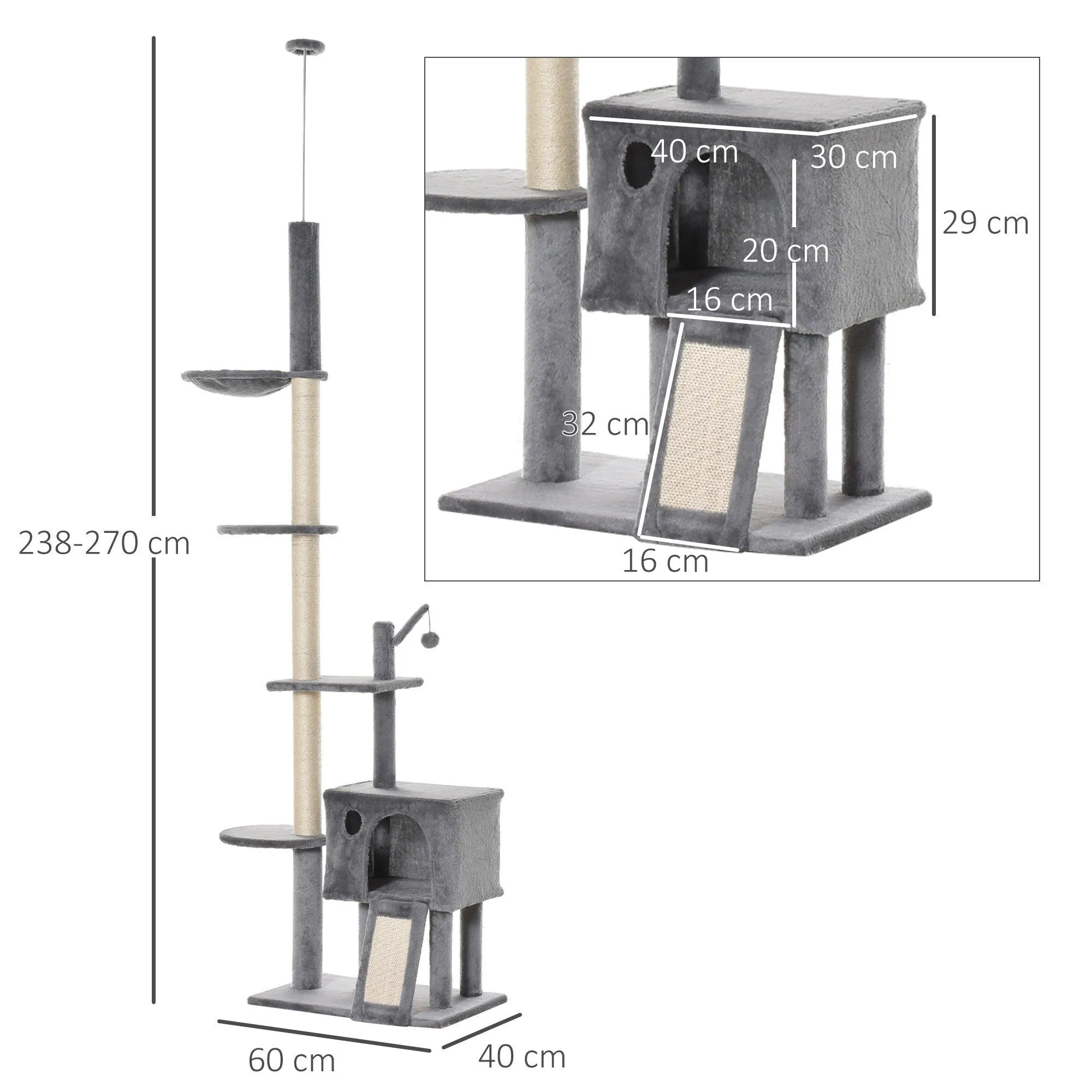 Floor-to-Ceiling Cat Climbing Toy Tower, 230-280cm - Light Grey