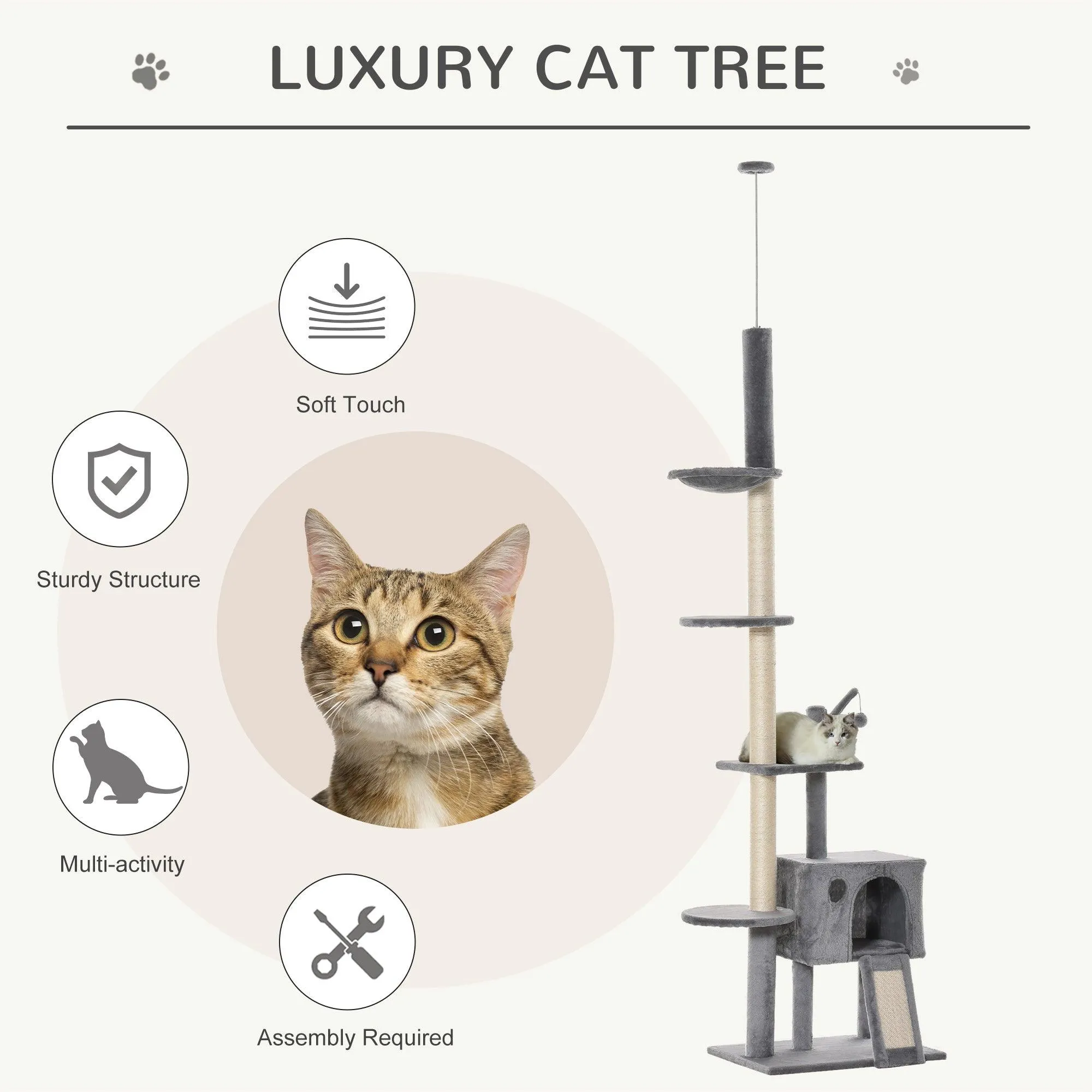 Floor-to-Ceiling Cat Climbing Toy Tower, 230-280cm - Light Grey