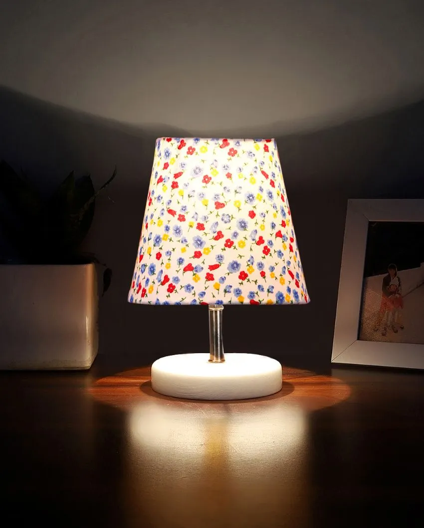 Little Floral Cotton Round Wooden White Base Table Lamp | 6 x 8 inches