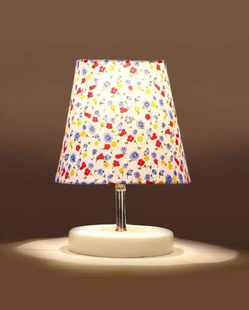 Little Floral Cotton Round Wooden White Base Table Lamp | 6 x 8 inches