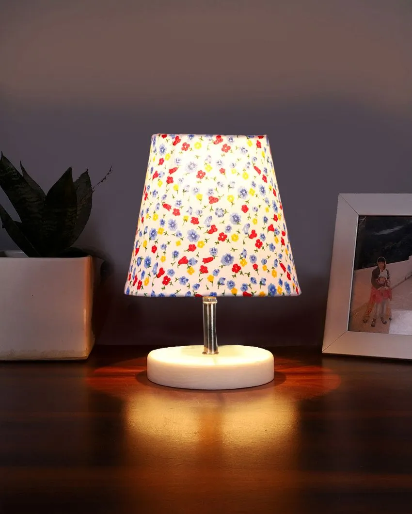 Little Floral Cotton Round Wooden White Base Table Lamp | 6 x 8 inches