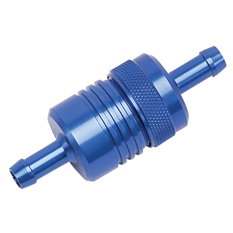 Russell Performance Products Inline Fuel Filter 40 Micron Bronze Element 5/16" Hose Barb Inlet/Outlet Aluminum - Blue Anodize