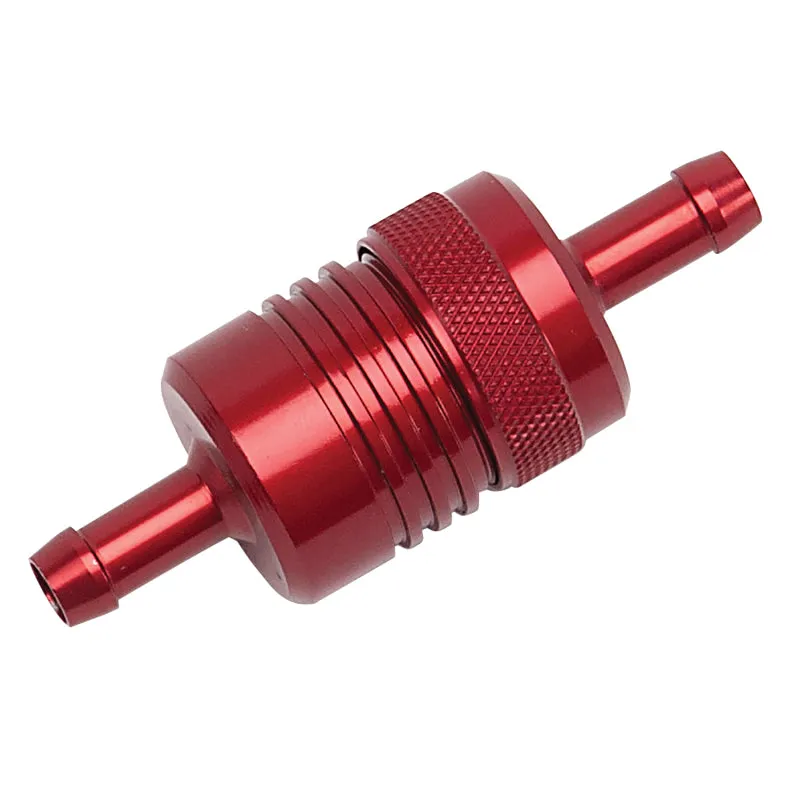 Russell Performance Products Inline Fuel Filter 40 Micron Bronze Element 5/16" Hose Barb Inlet/Outlet Aluminum - Red Anodize