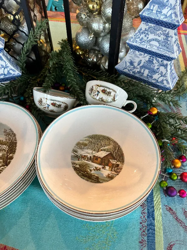 Vintage Dish Set, Currier & Ives The Farmers Home Winter Set of dishes 29 piece