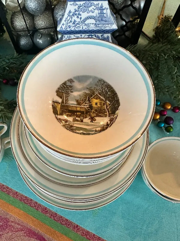 Vintage Dish Set, Currier & Ives The Farmers Home Winter Set of dishes 29 piece