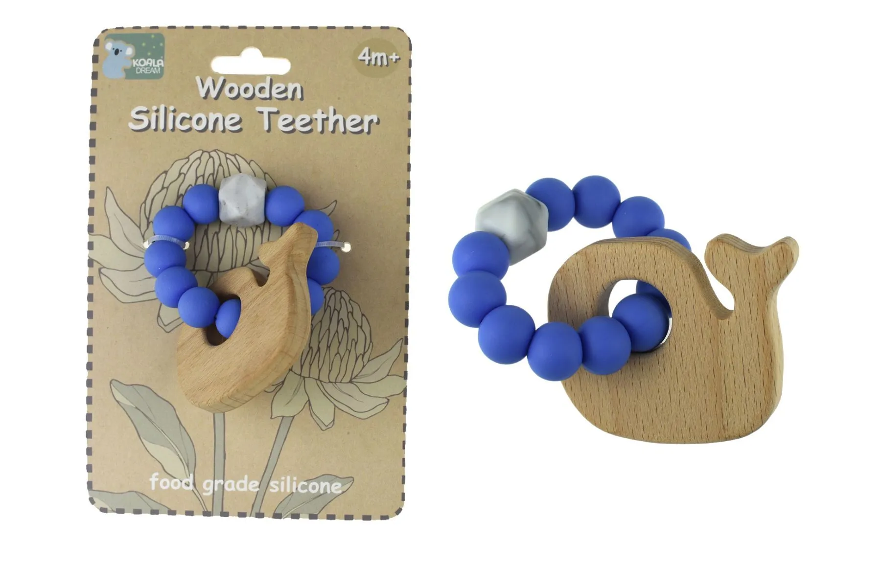Wooden Silcone Teether - Whale Blue